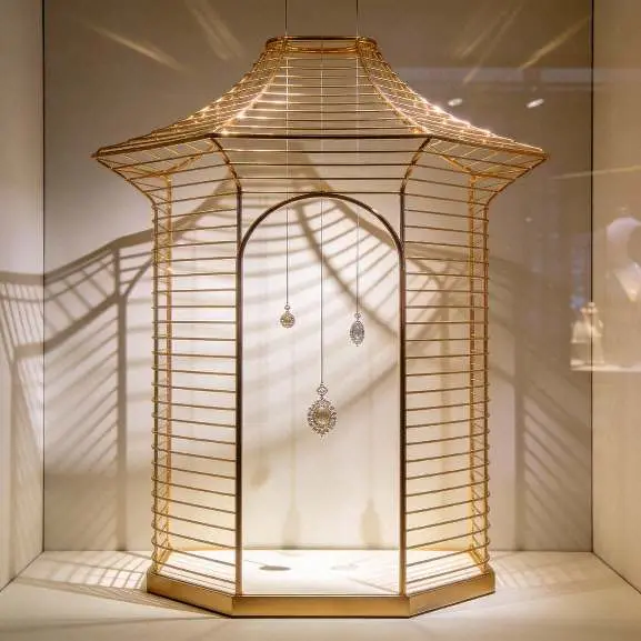 Gold pavilion-style jewellery display, three-quarter view.