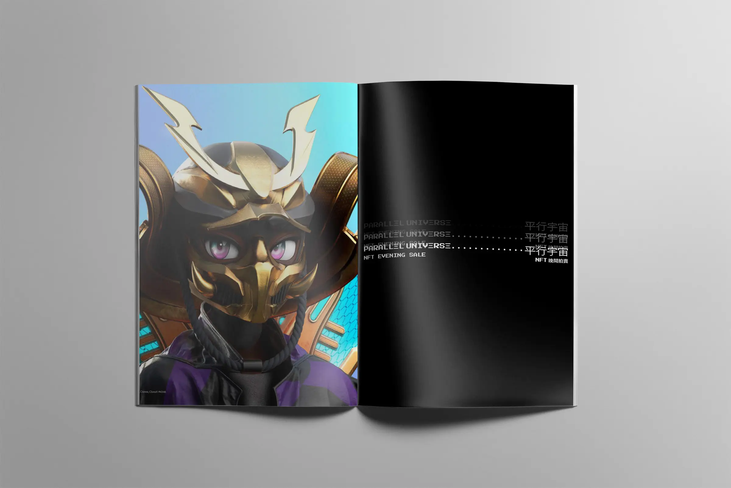 Second catalogue spread with darker artwork and black field.