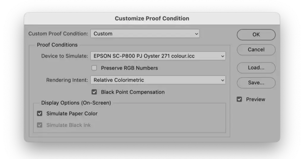 Photoshop proof-condition dialog / colour-management settings.