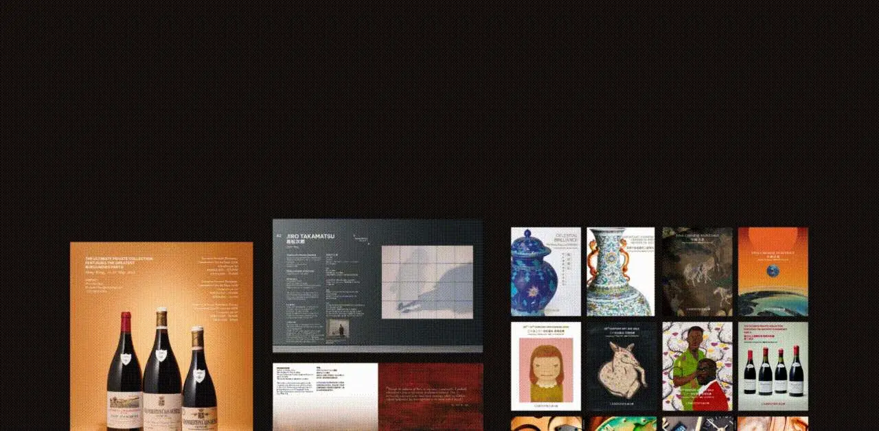 Dark-background collage of catalogue, digital and OOH auction assets.