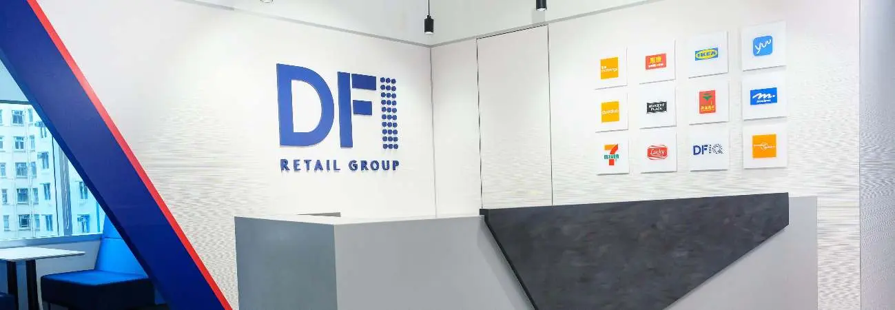 DFI Retail Group reception with portfolio brand logos.