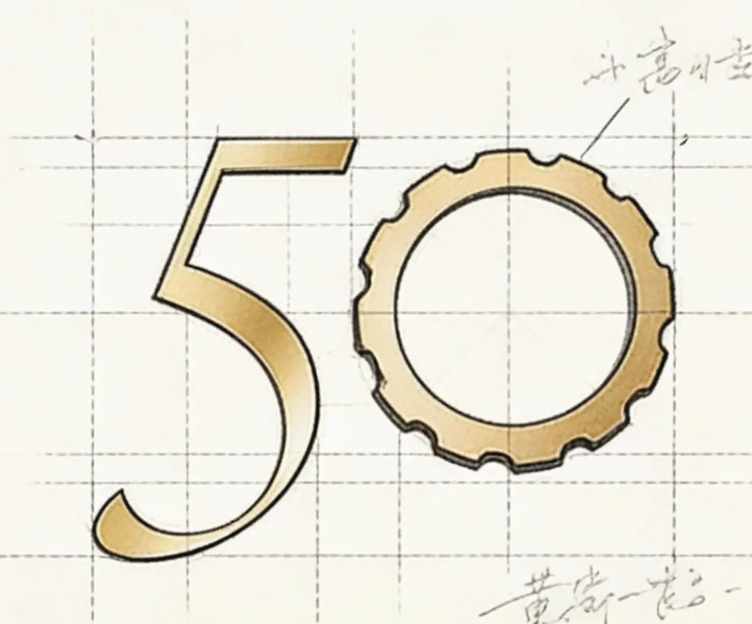 Sketch and construction logic resolving the rings into “50”.