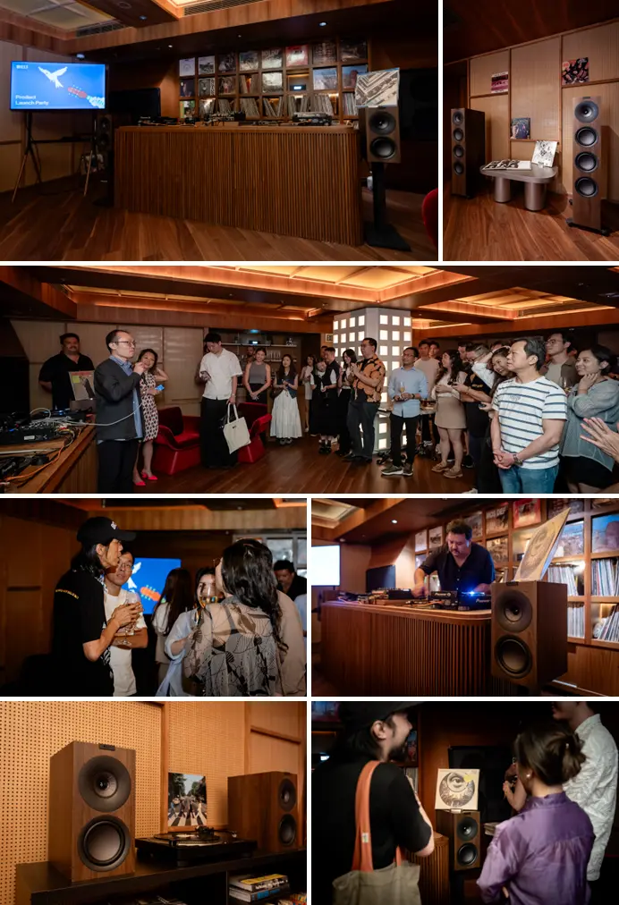 Launch-event image grid with screens, speakers and attendees.